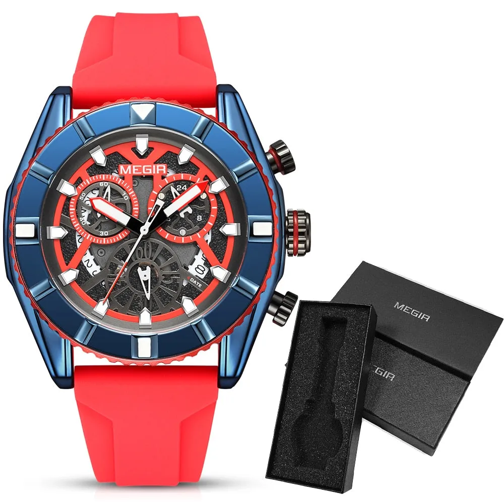 MEGIR Chronograph Quartz Watch Men Subdial Hands ArmyGreen Silicone Sport Watches For Men&#39;s Military Waterproof Luminous Clock