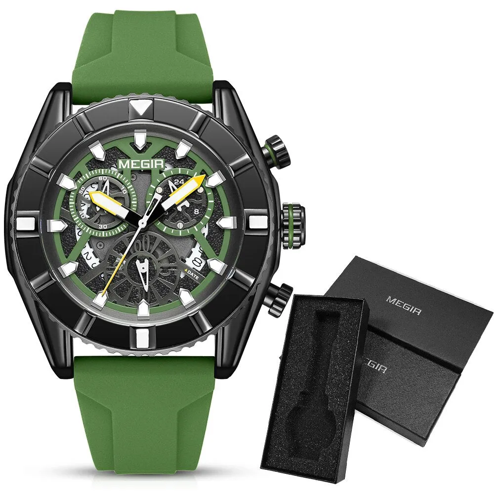 MEGIR Chronograph Quartz Watch Men Subdial Hands ArmyGreen Silicone Sport Watches For Men&#39;s Military Waterproof Luminous Clock