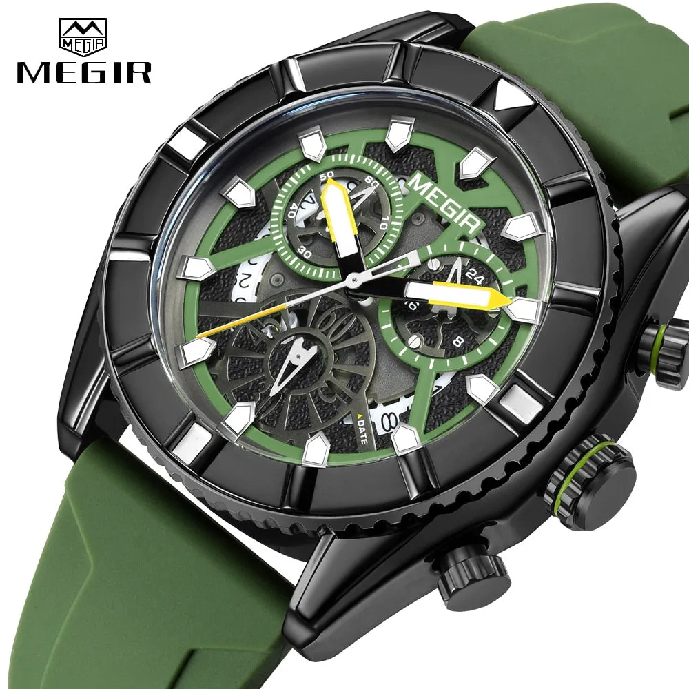 MEGIR Chronograph Quartz Watch Men Subdial Hands ArmyGreen Silicone Sport Watches For Men&#39;s Military Waterproof Luminous Clock