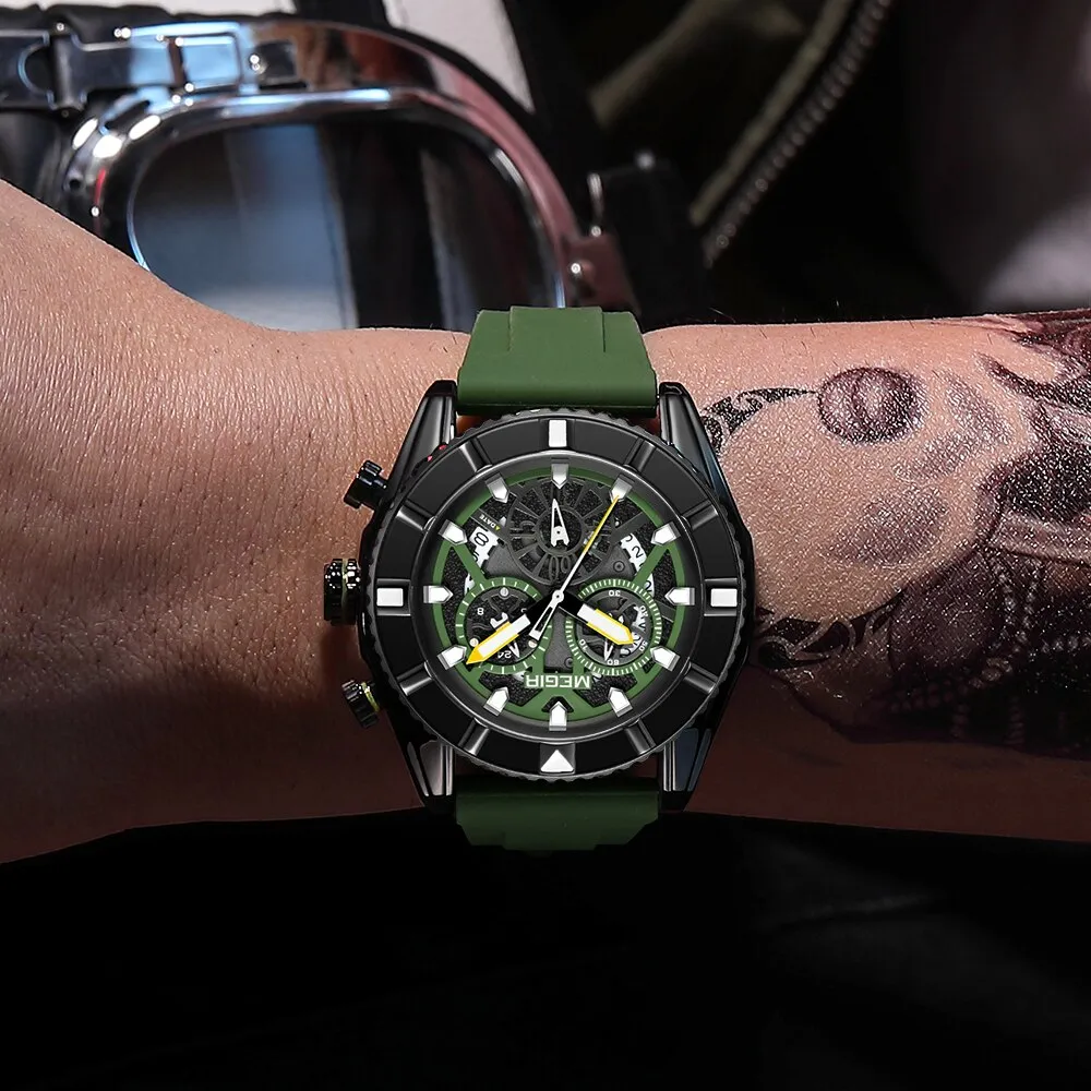 MEGIR Chronograph Quartz Watch Men Subdial Hands ArmyGreen Silicone Sport Watches For Men&#39;s Military Waterproof Luminous Clock