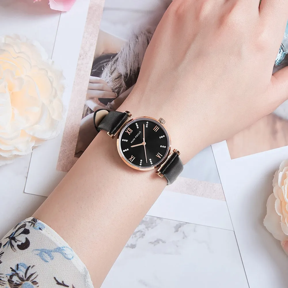 MINI FOCUS New Watches Women Luxury Fashion Ladies Waterproof Watch Black Leather Casual Female Clock Women&#39;s Gift Montre Femme