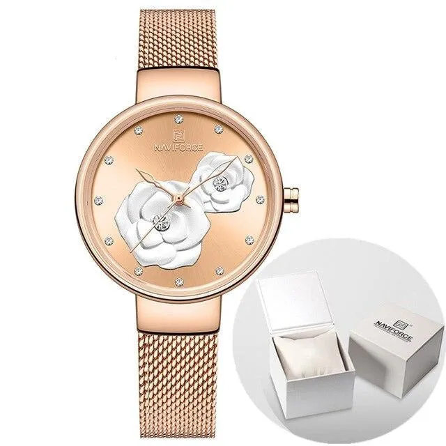 NAVIFORCE Ladies Watch Fashion Creative 3D Rose Women wrist watche