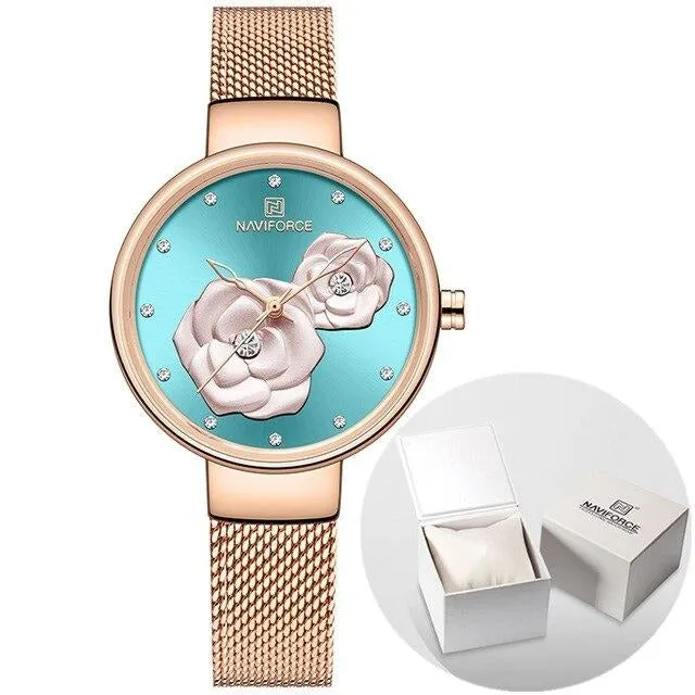 NAVIFORCE Ladies Watch Fashion Creative 3D Rose Women wrist watche