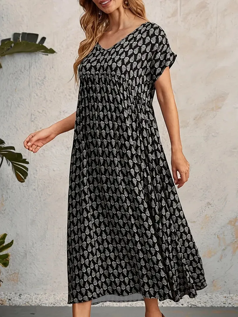 New All Over Print Dress, Casual V Neck Short Sleeve Dress Loose Fit Black, Sz L