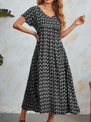 New All Over Print Dress, Casual V Neck Short Sleeve Dress Loose Fit Black, Sz L