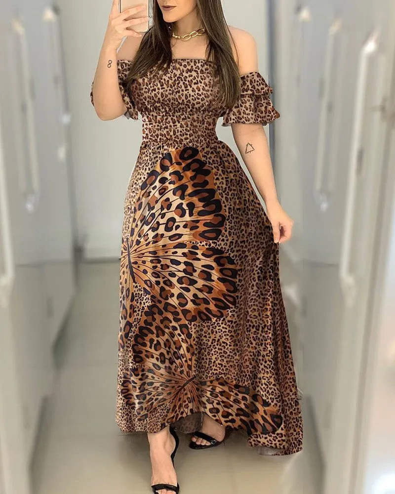 Off Shoulder Party Dresses Women Lady Ruffle Leopard  Print Flare Long Sundress Sexy Ladies Strappy Slash neck Vestido