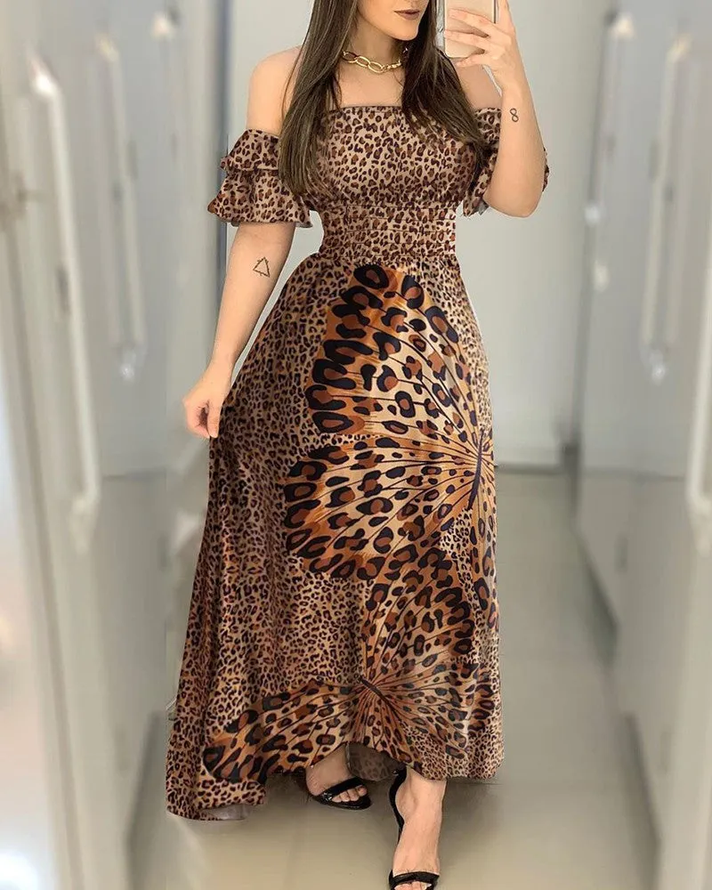 Off Shoulder Party Dresses Women Lady Ruffle Leopard  Print Flare Long Sundress Sexy Ladies Strappy Slash neck Vestido
