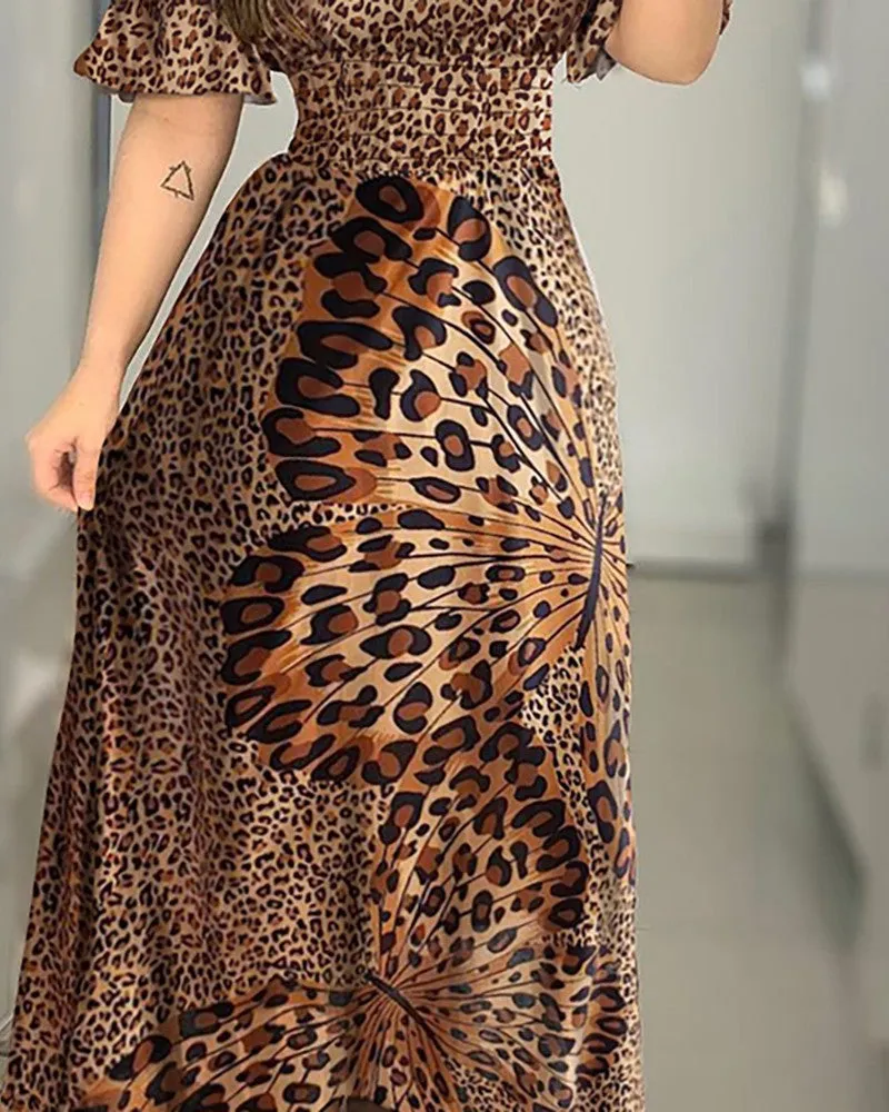 Off Shoulder Party Dresses Women Lady Ruffle Leopard  Print Flare Long Sundress Sexy Ladies Strappy Slash neck Vestido
