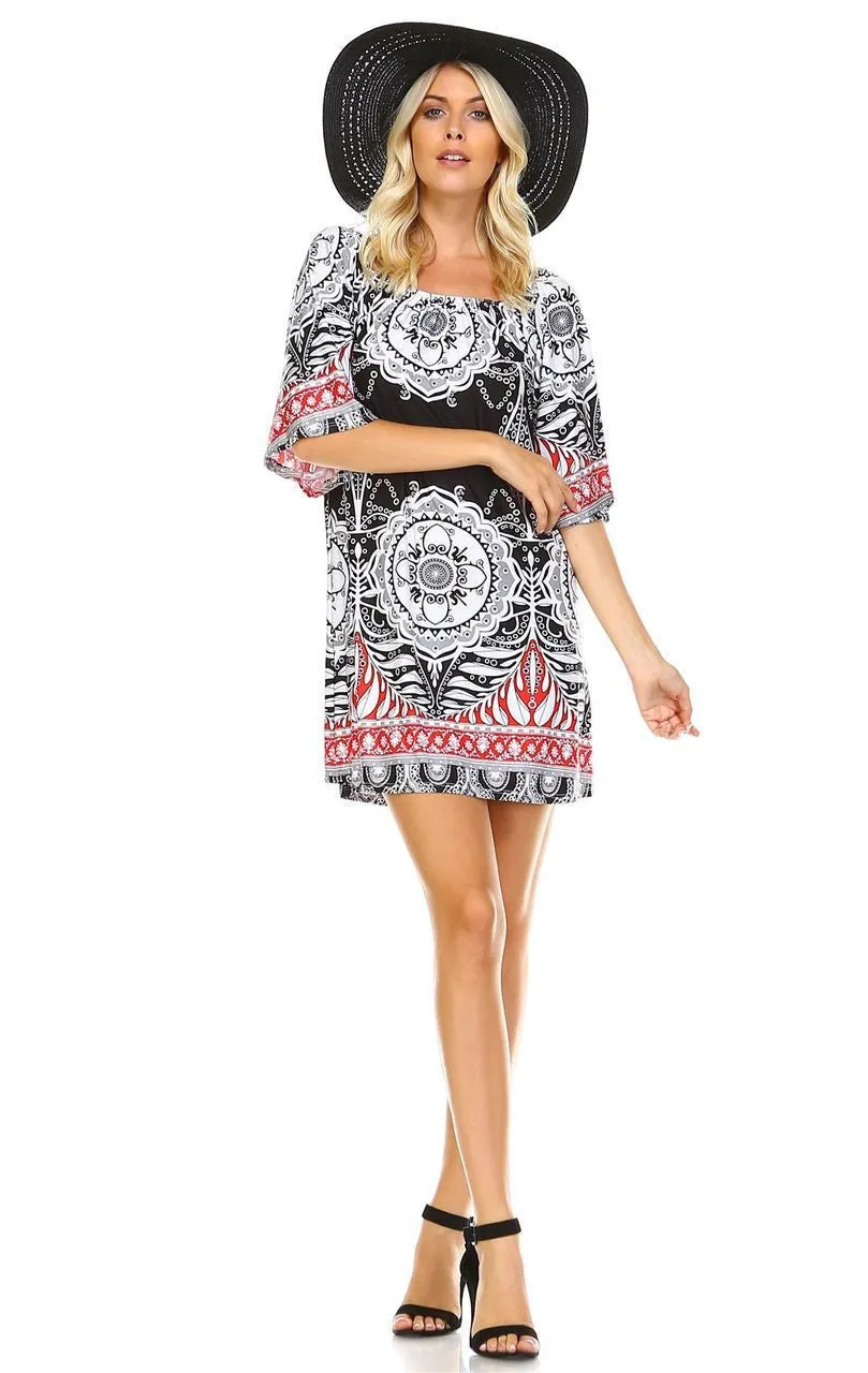 Off Shoulder Tunic Dress Black Red Tropical Paisley