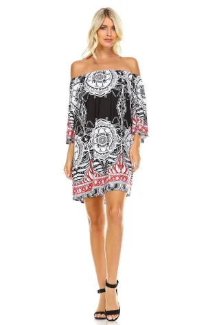 Off Shoulder Tunic Dress Black Red Tropical Paisley