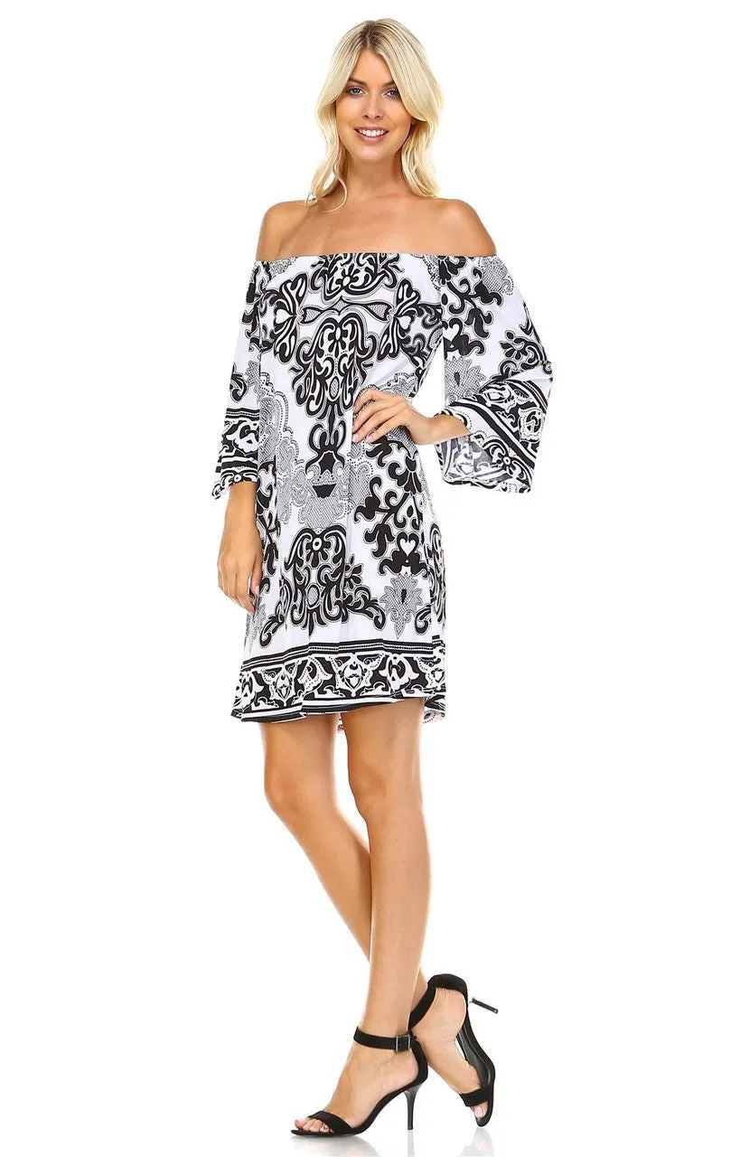 Off Shoulder Tunic Dress Black White Paisley