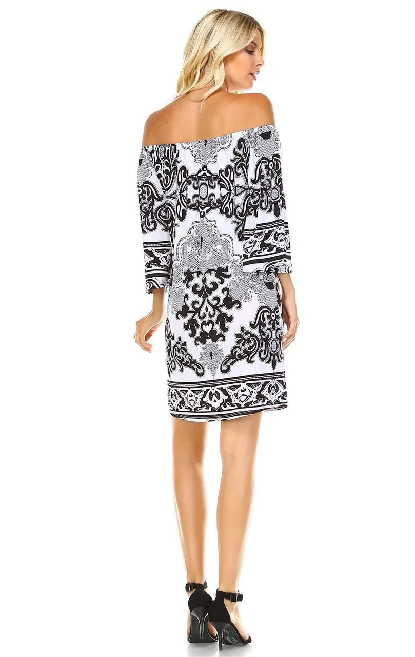 Off Shoulder Tunic Dress Black White Paisley