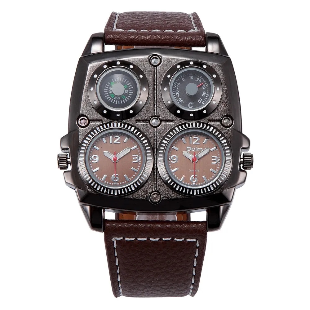 Oulm  Two Time Zone, Compass,Thermometer Watch
