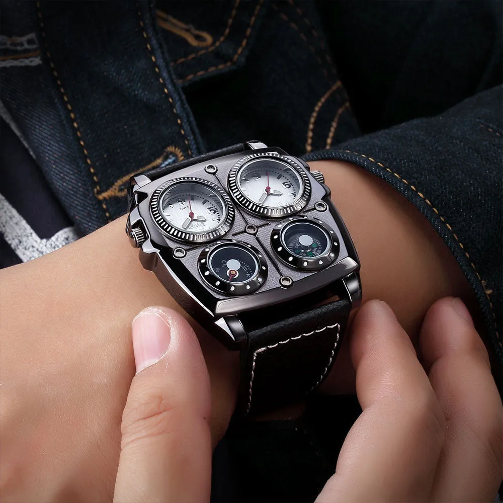 Oulm  Two Time Zone, Compass,Thermometer Watch