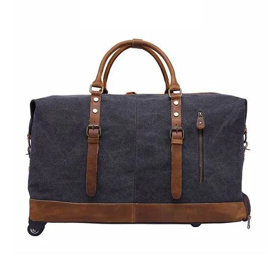 Oversized Canvas with Leather Trim Travel Duffel Weekend Bag 50L Wheel Version Trolley Bag