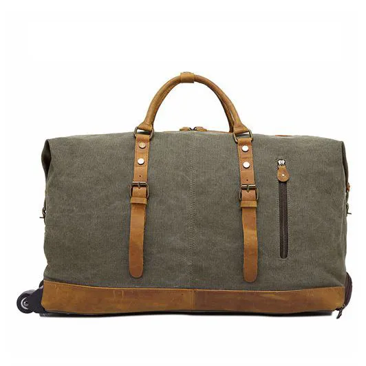Oversized Canvas with Leather Trim Travel Duffel Weekend Bag 50L Wheel Version Trolley Bag