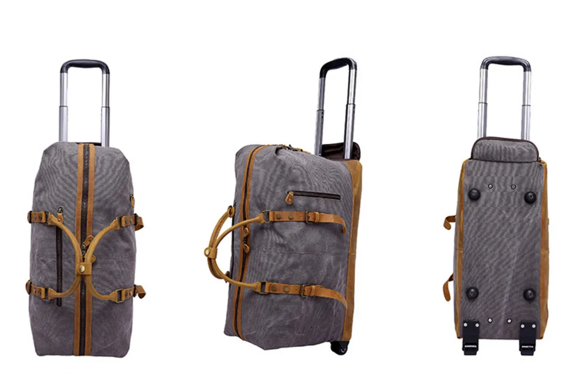 Oversized Canvas with Leather Trim Travel Duffel Weekend Bag 50L Wheel Version Trolley Bag