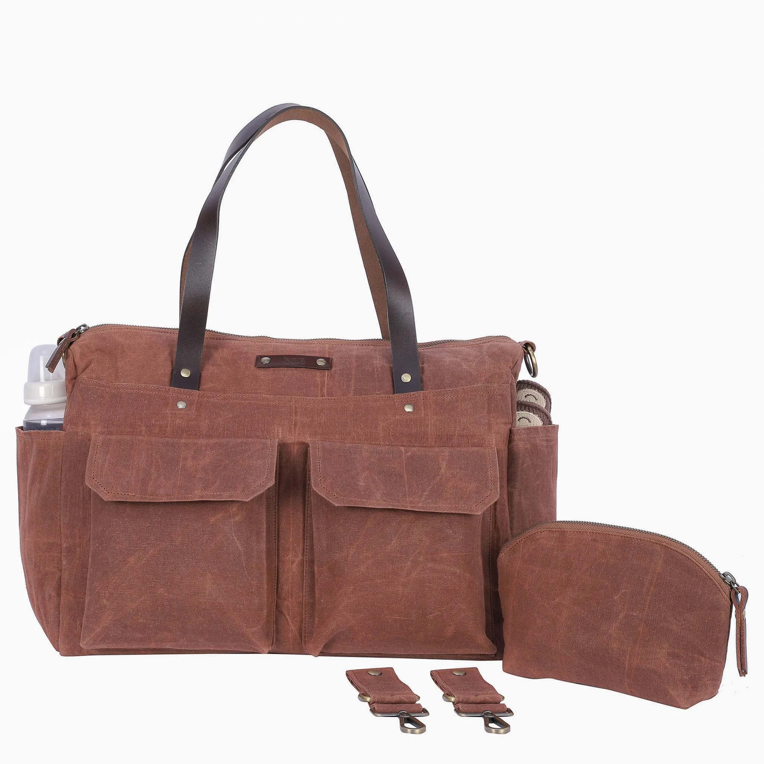 Pipa 11 Pocket Travel Duffel Diaper Bag Tote in Cinnamon Brown | Waxed Canvas & Leather