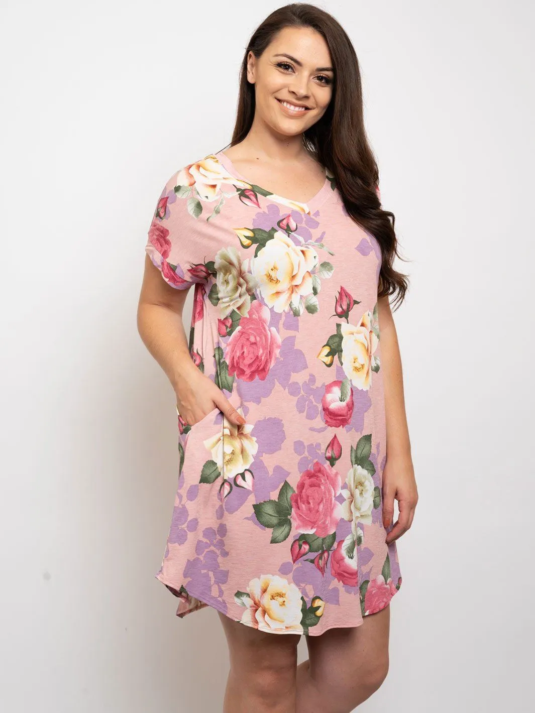 PLUS SIZE FLORAL SHORT SLEEVE TUNIC DRESS