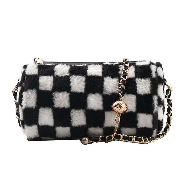 Plush Flower Checkerboard Duffel Bag