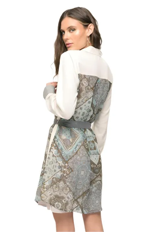 Print Mix Waist Belted Tunic Shirt Dress