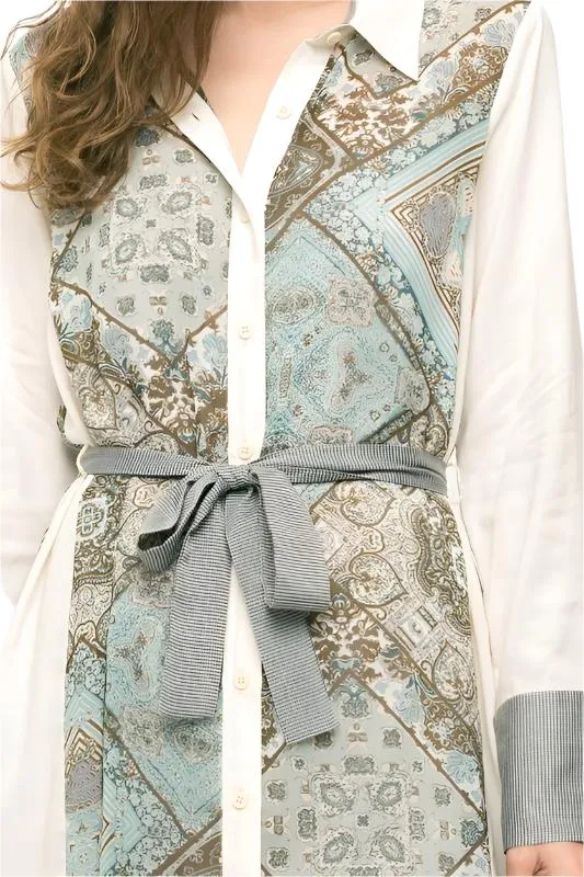 Print Mix Waist Belted Tunic Shirt Dress
