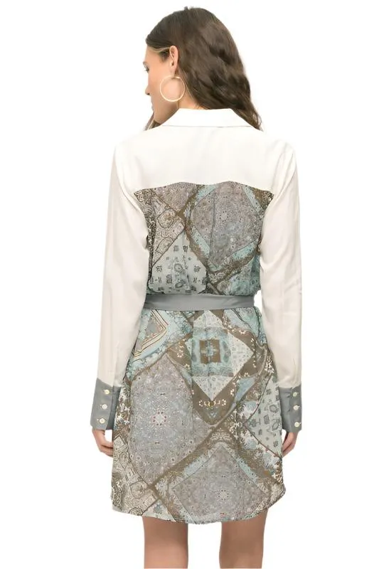 Print Mix Waist Belted Tunic Shirt Dress