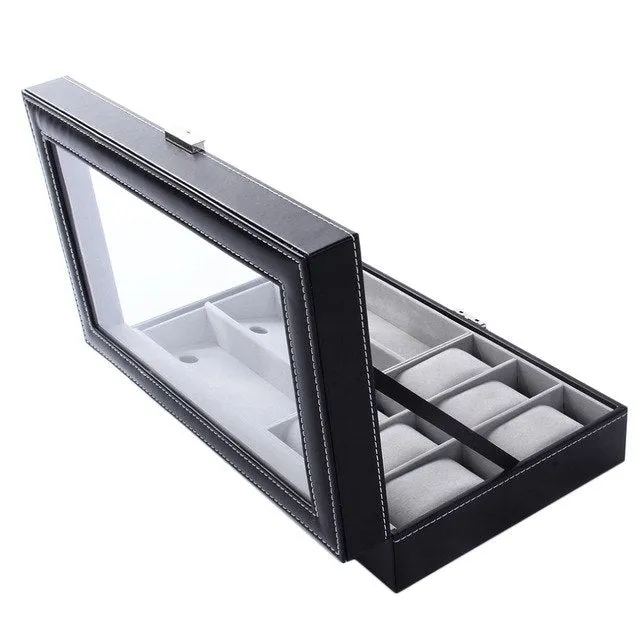 PU Leather 6 3 Grids Watch Holder Storage Case