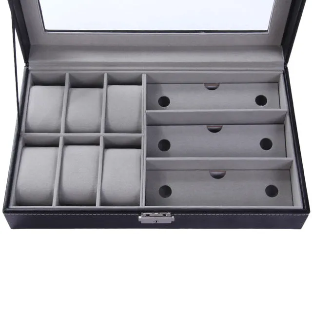PU Leather 6 3 Grids Watch Holder Storage Case