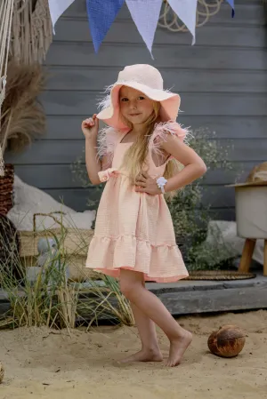 "Akali" Apricot Cheesecloth Feather Dress