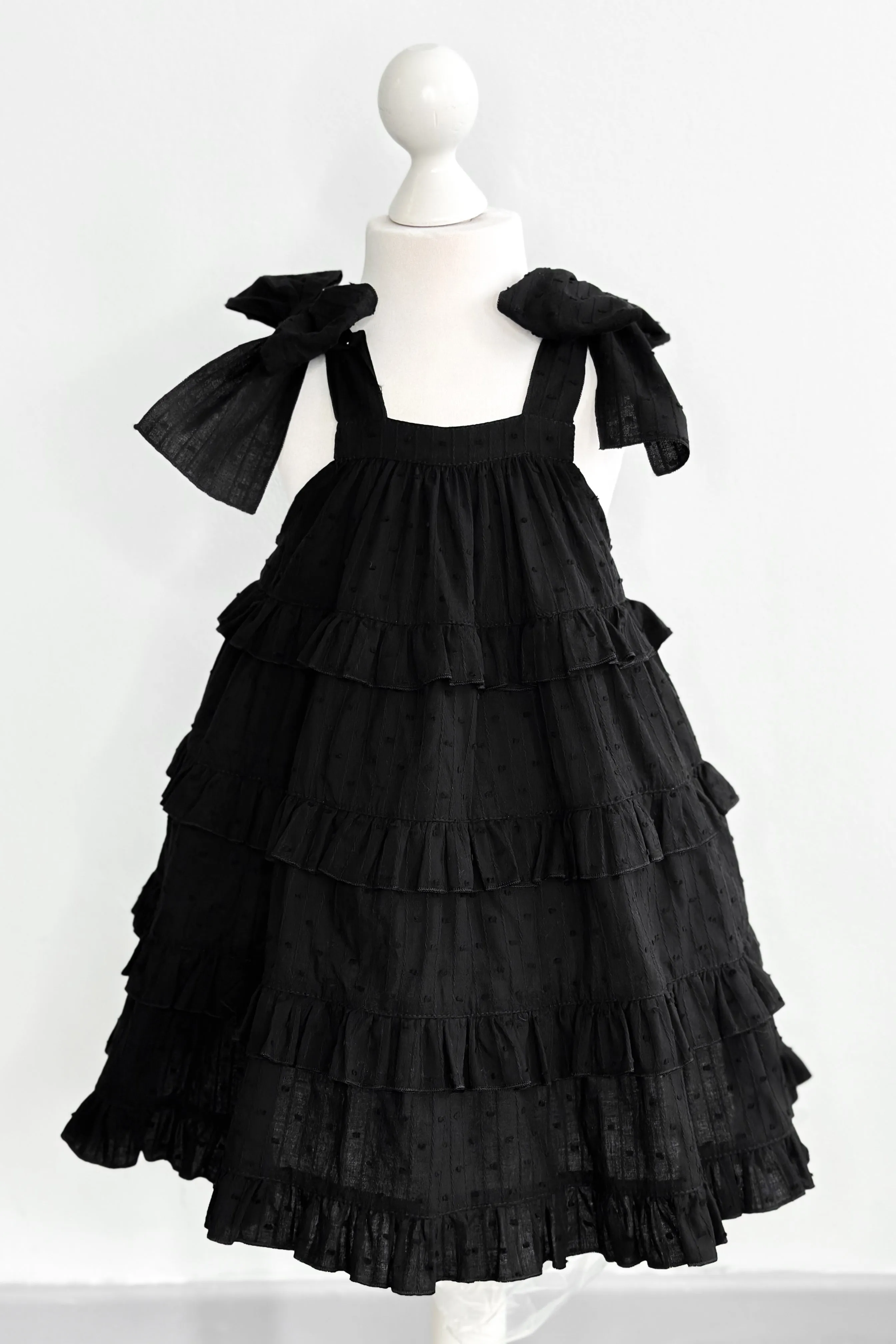 "Willow" Black Plumeti Dot Tiered Dress