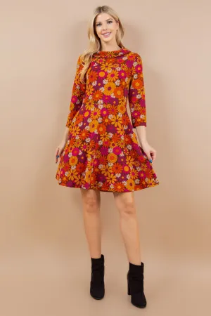 Retro Floral Tunic Dress Orange/Pink/Plum/Rust