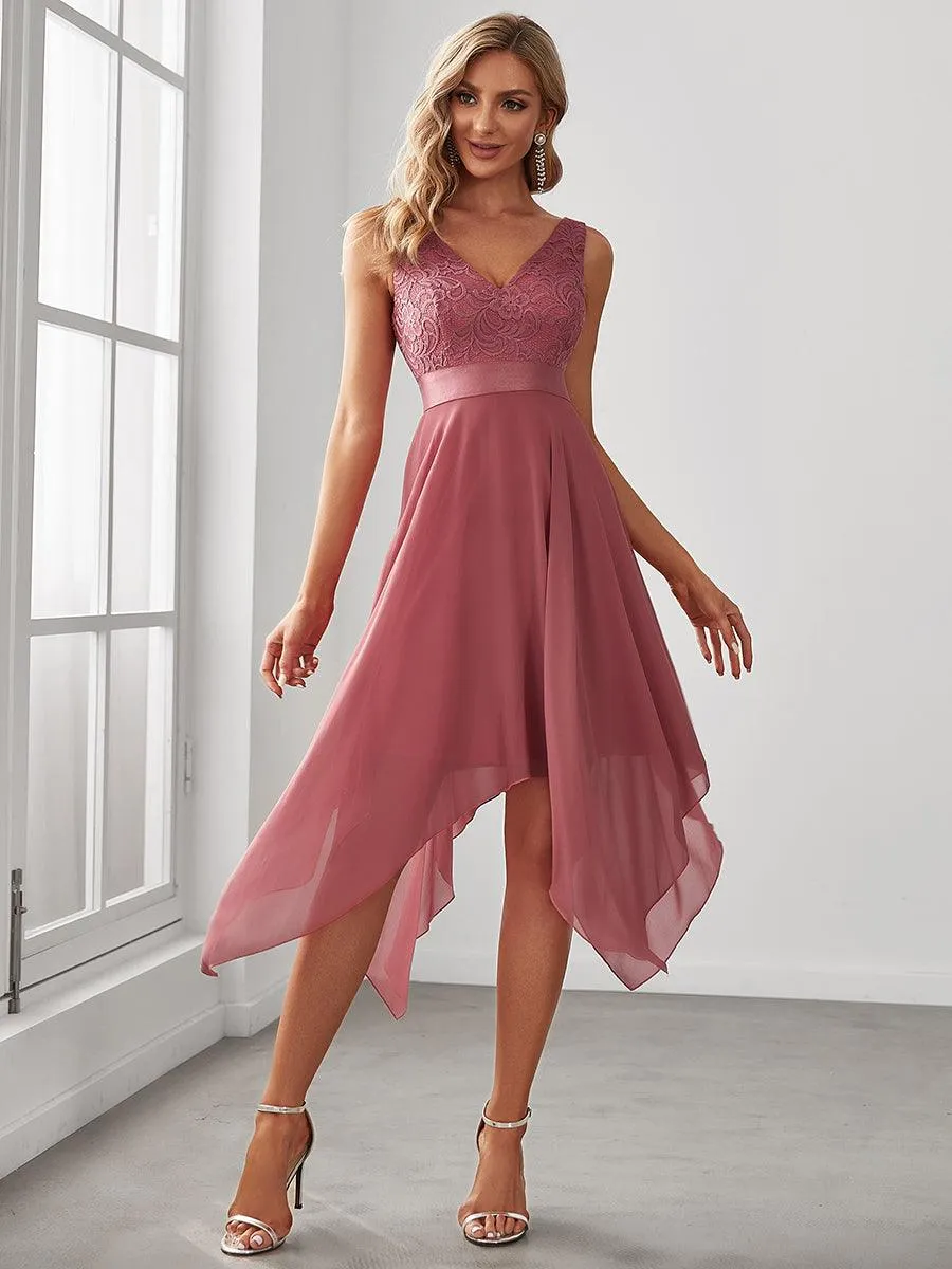 Robe demoiselle d'honneur irrégulière dentelle mousseline Col en V pour femme