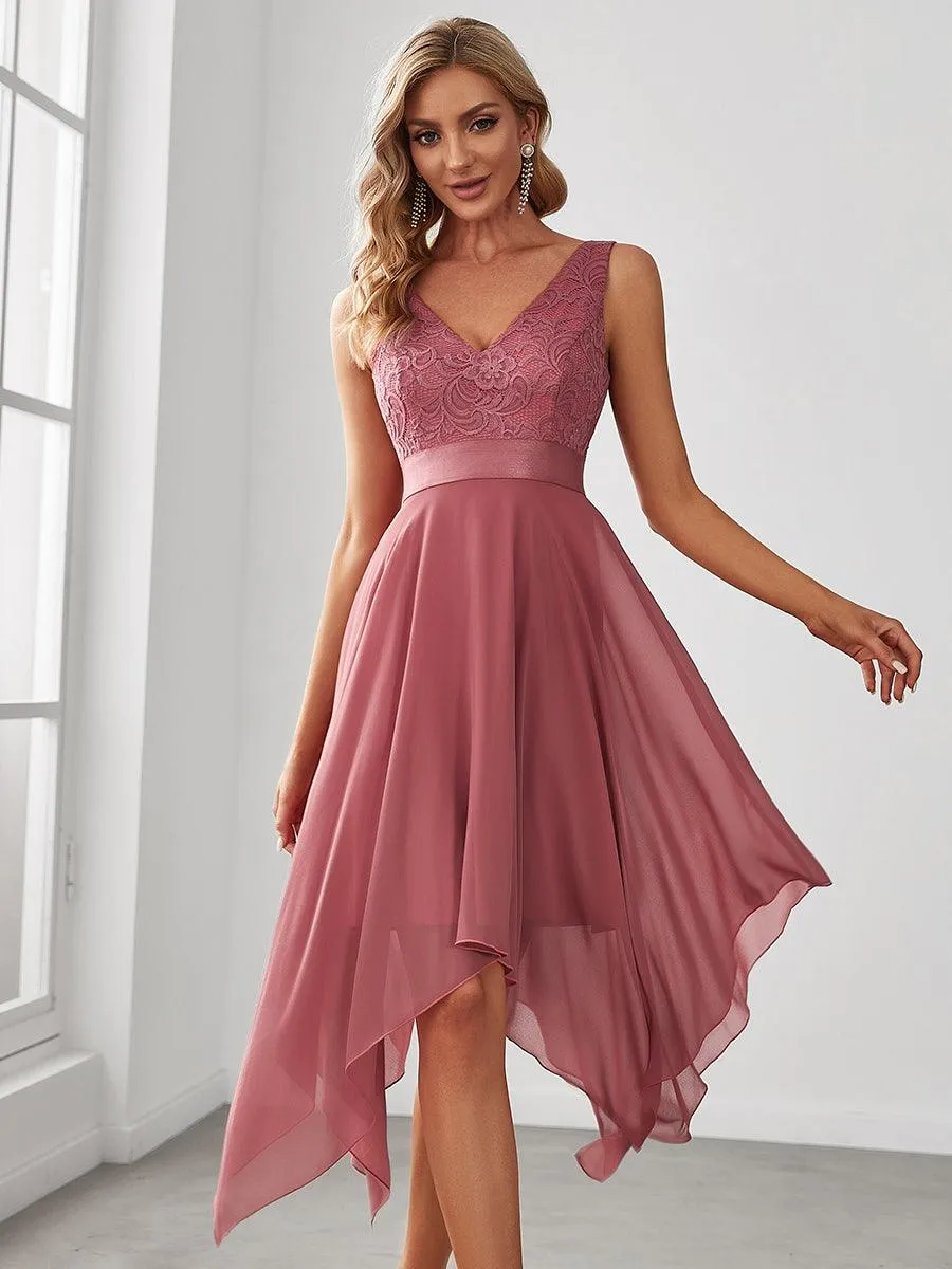 Robe demoiselle d'honneur irrégulière dentelle mousseline Col en V pour femme
