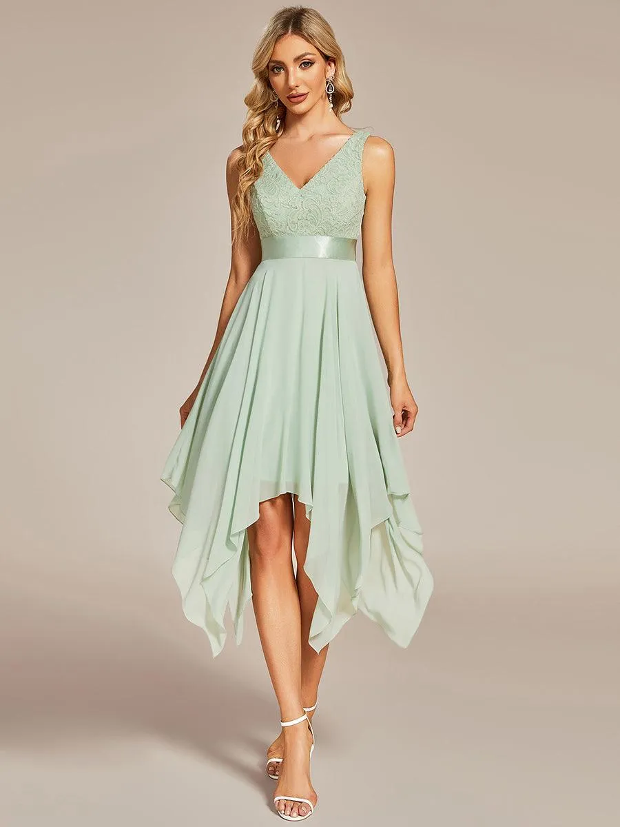 Robe demoiselle d'honneur irrégulière dentelle mousseline Col en V pour femme