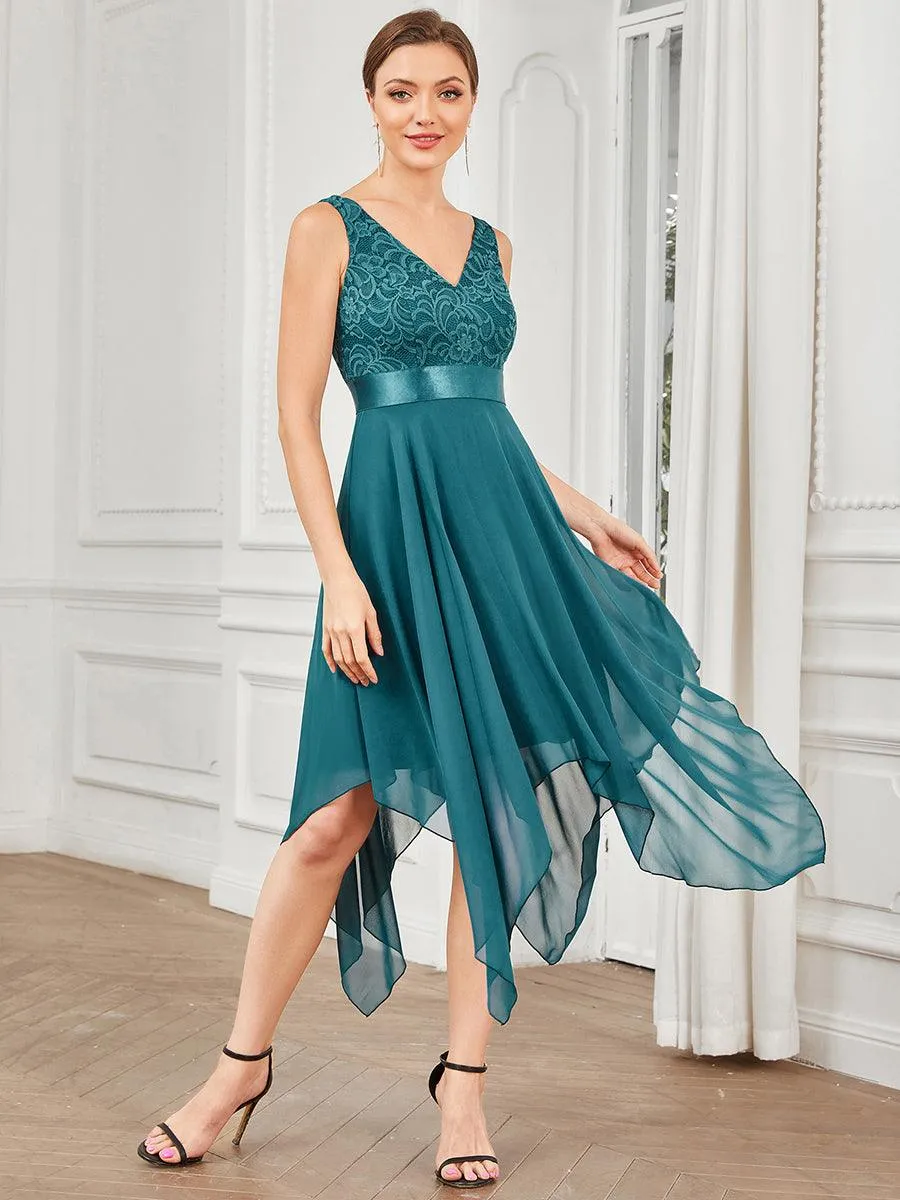 Robe demoiselle d'honneur irrégulière dentelle mousseline Col en V pour femme