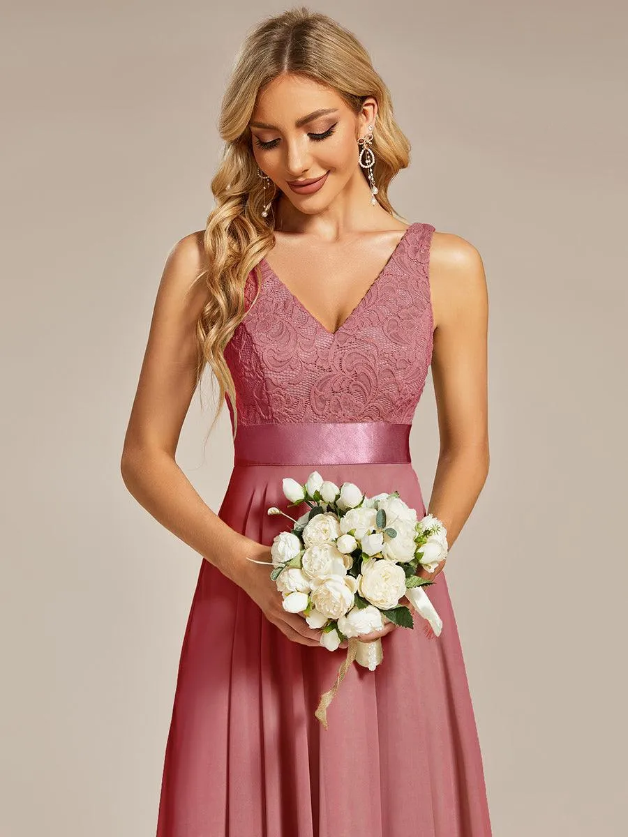 Robe demoiselle d'honneur irrégulière dentelle mousseline Col en V pour femme