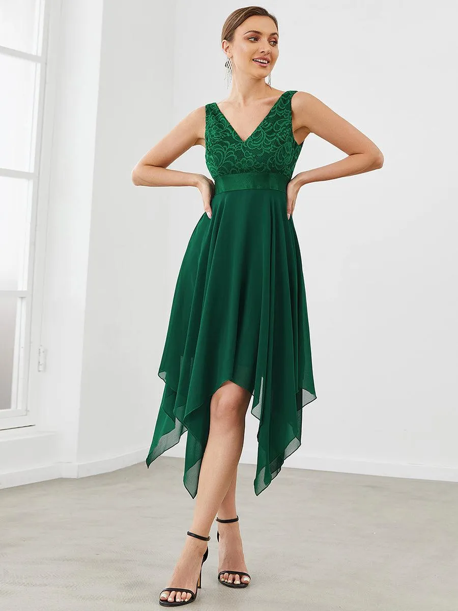 Robe demoiselle d'honneur irrégulière dentelle mousseline Col en V pour femme