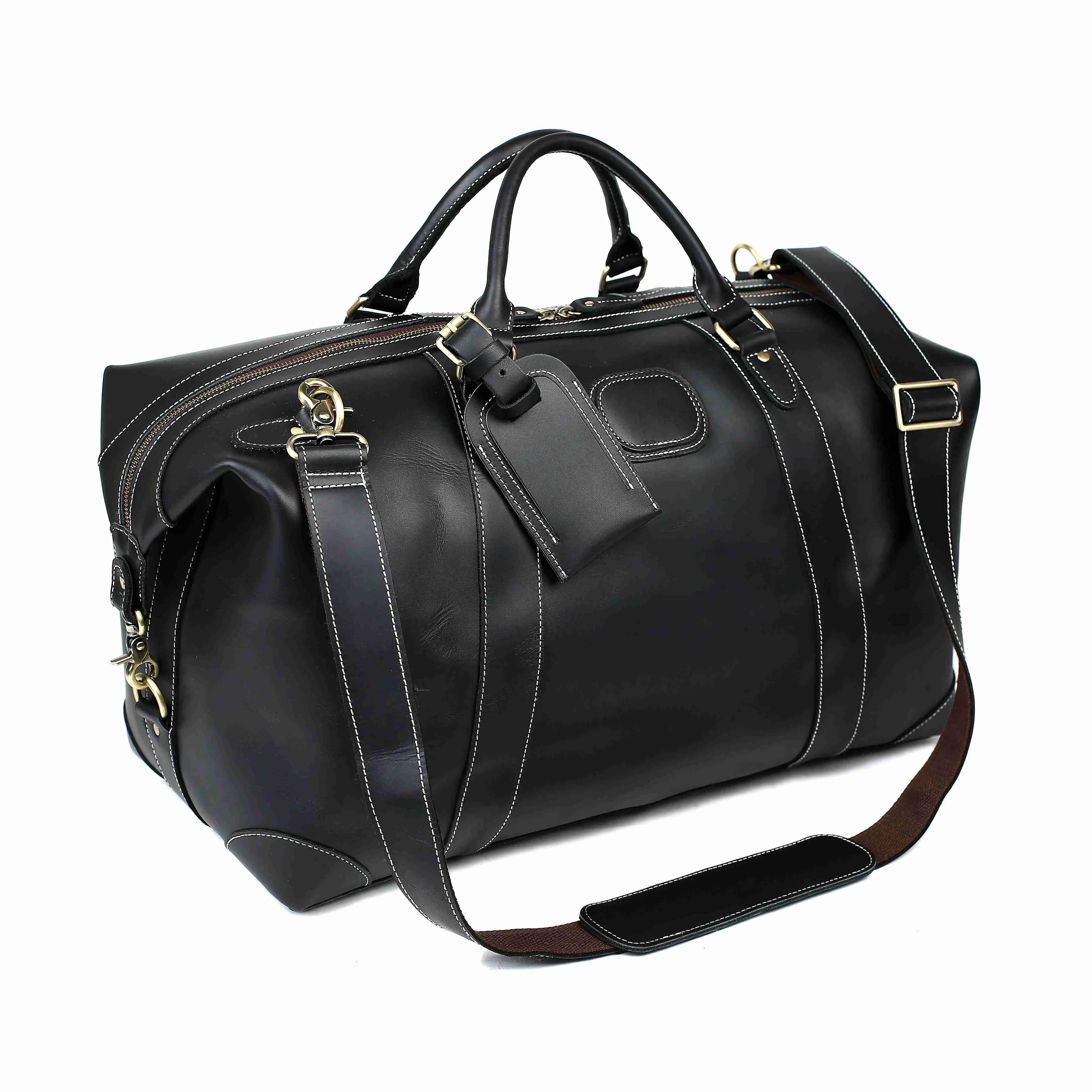 RockCow Black Leather Duffle Bag, Mens Weekend Bag, Mens Travel Bag