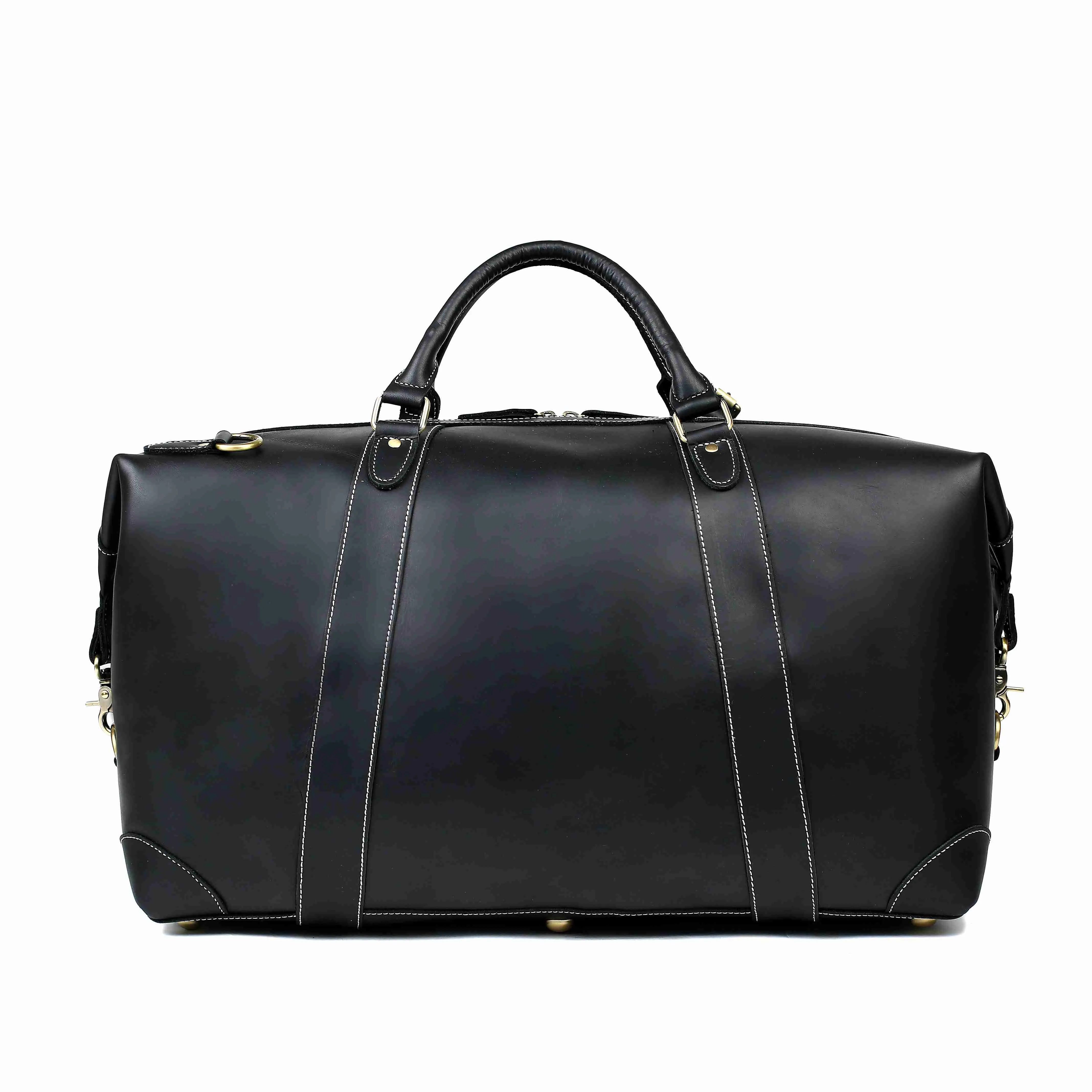 RockCow Black Leather Duffle Bag, Mens Weekend Bag, Mens Travel Bag