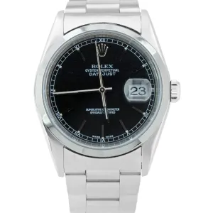 Rolex DateJust 36mm Black Stainless Steel Smooth Oyster Automatic Watch 16200
