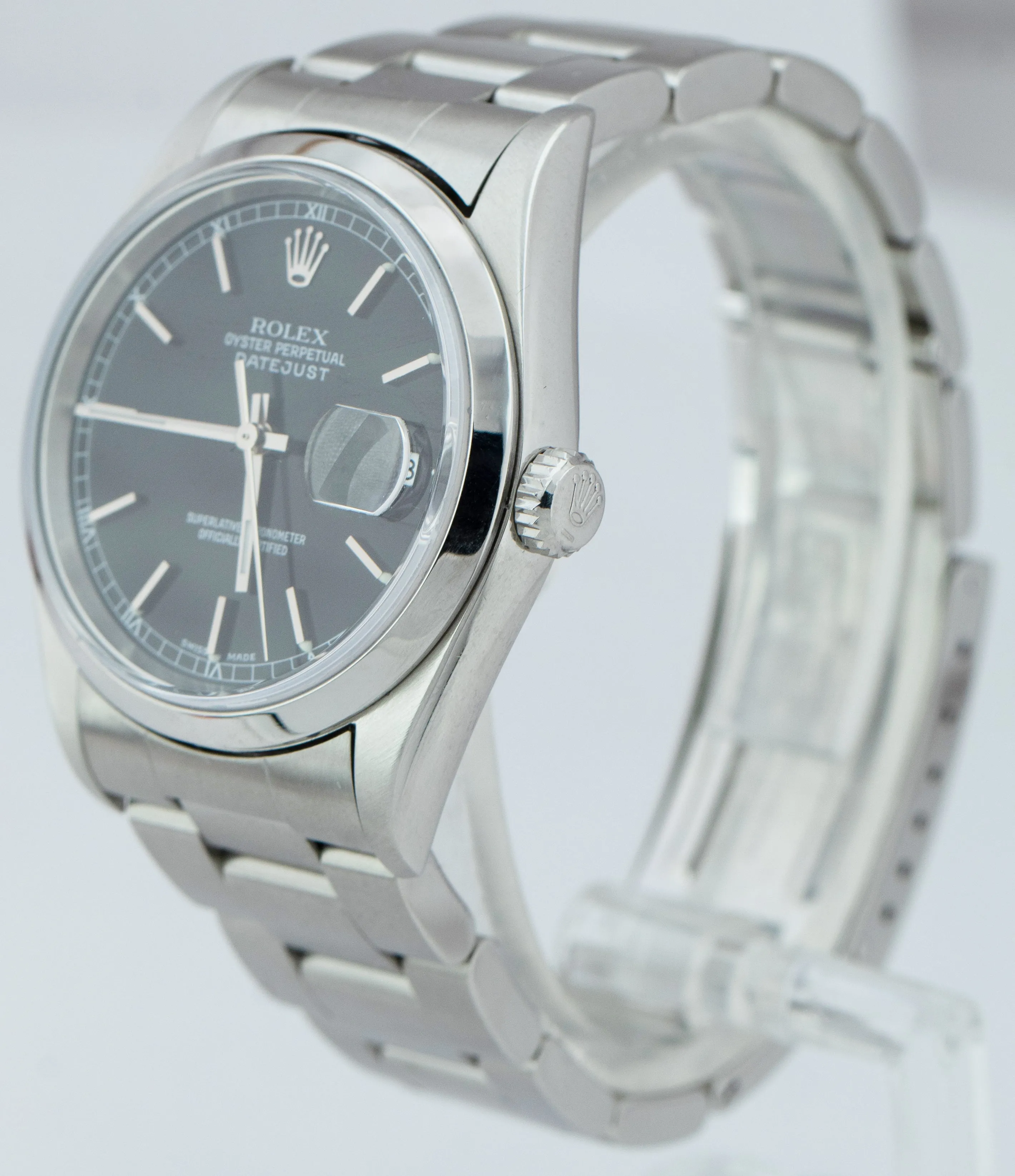 Rolex DateJust 36mm Black Stainless Steel Smooth Oyster Automatic Watch 16200