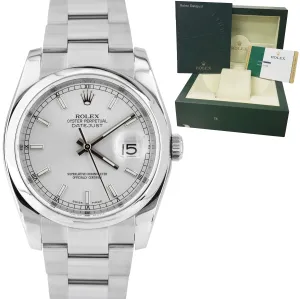 Rolex DateJust Rhodium Silver Stick 36mm Stainless Steel Oyster Watch 116200 B P