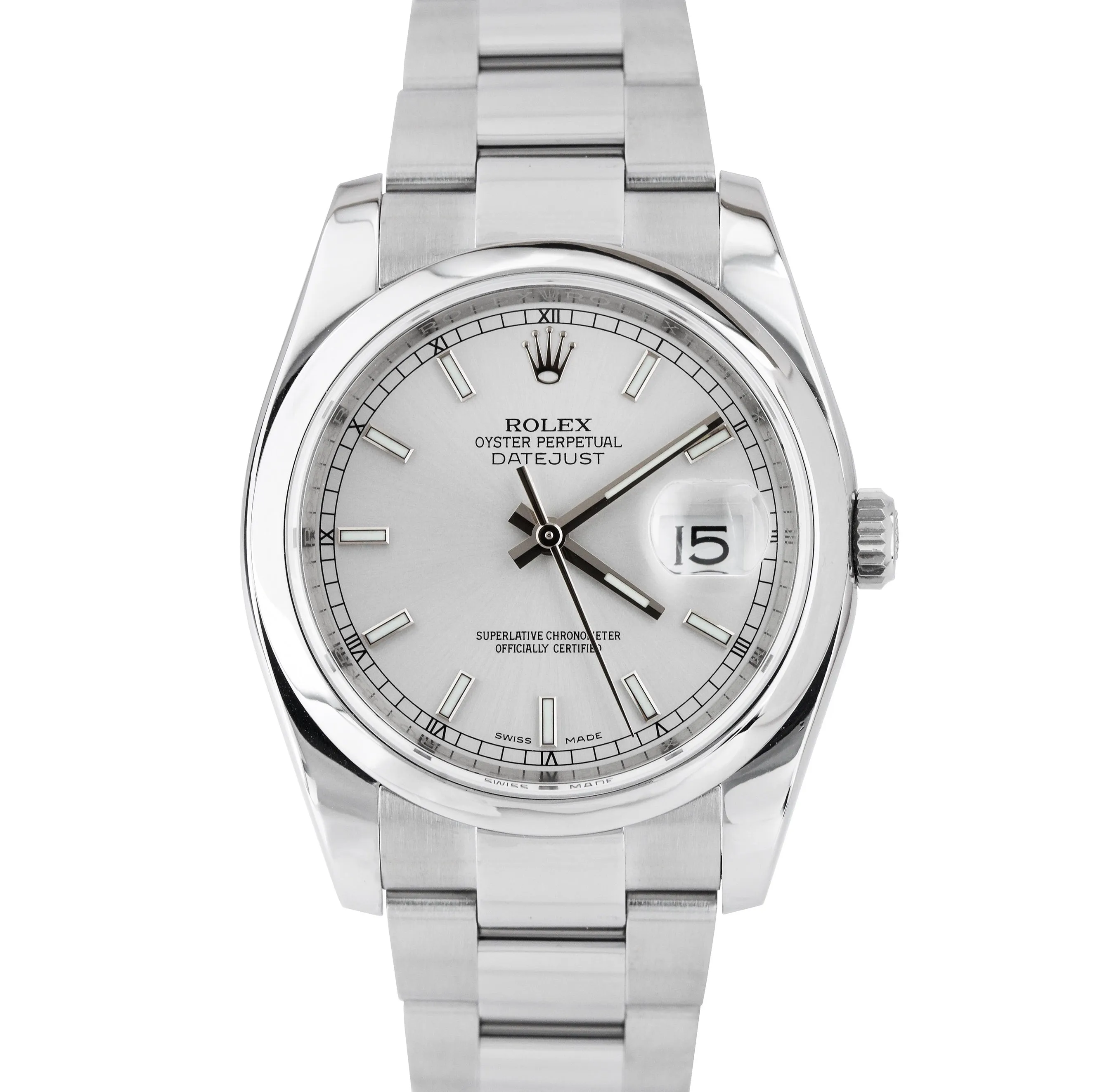 Rolex DateJust Rhodium Silver Stick 36mm Stainless Steel Oyster Watch 116200 B P