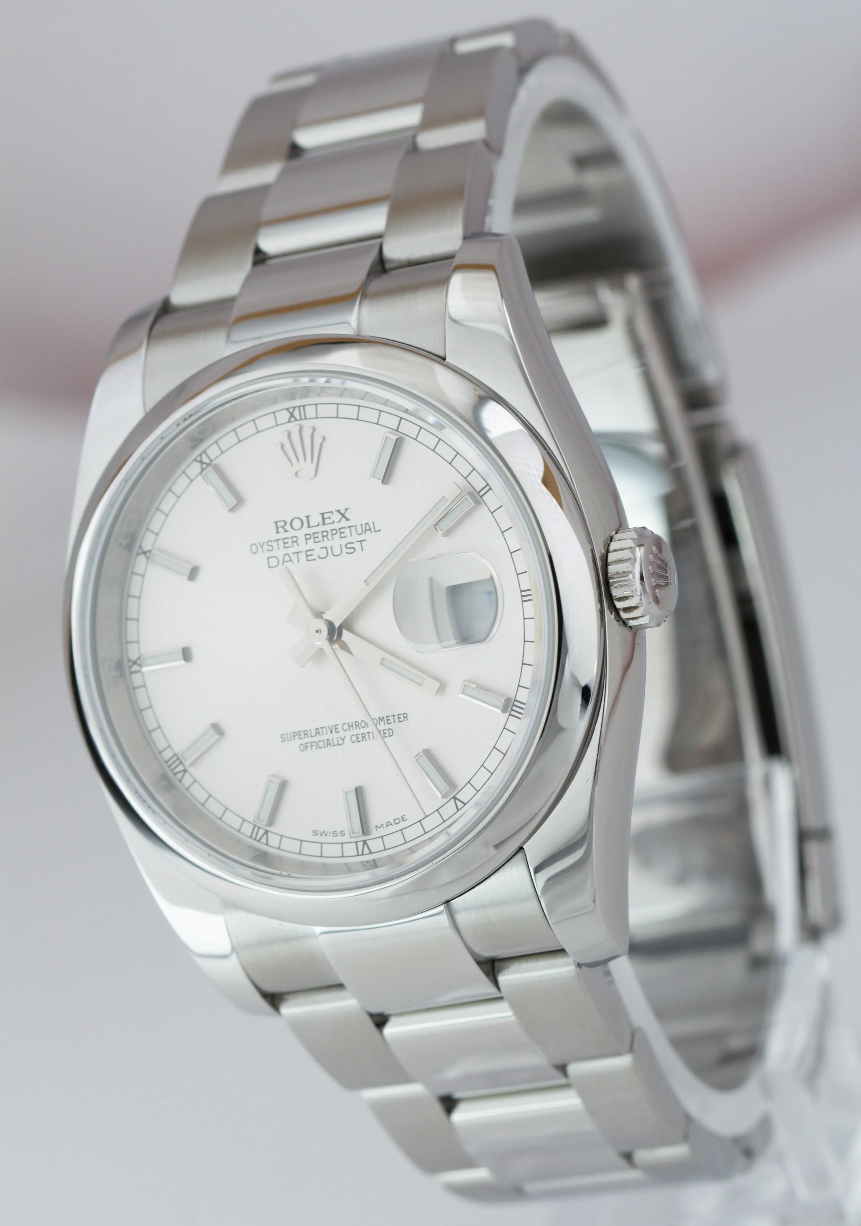 Rolex DateJust Rhodium Silver Stick 36mm Stainless Steel Oyster Watch 116200 B P