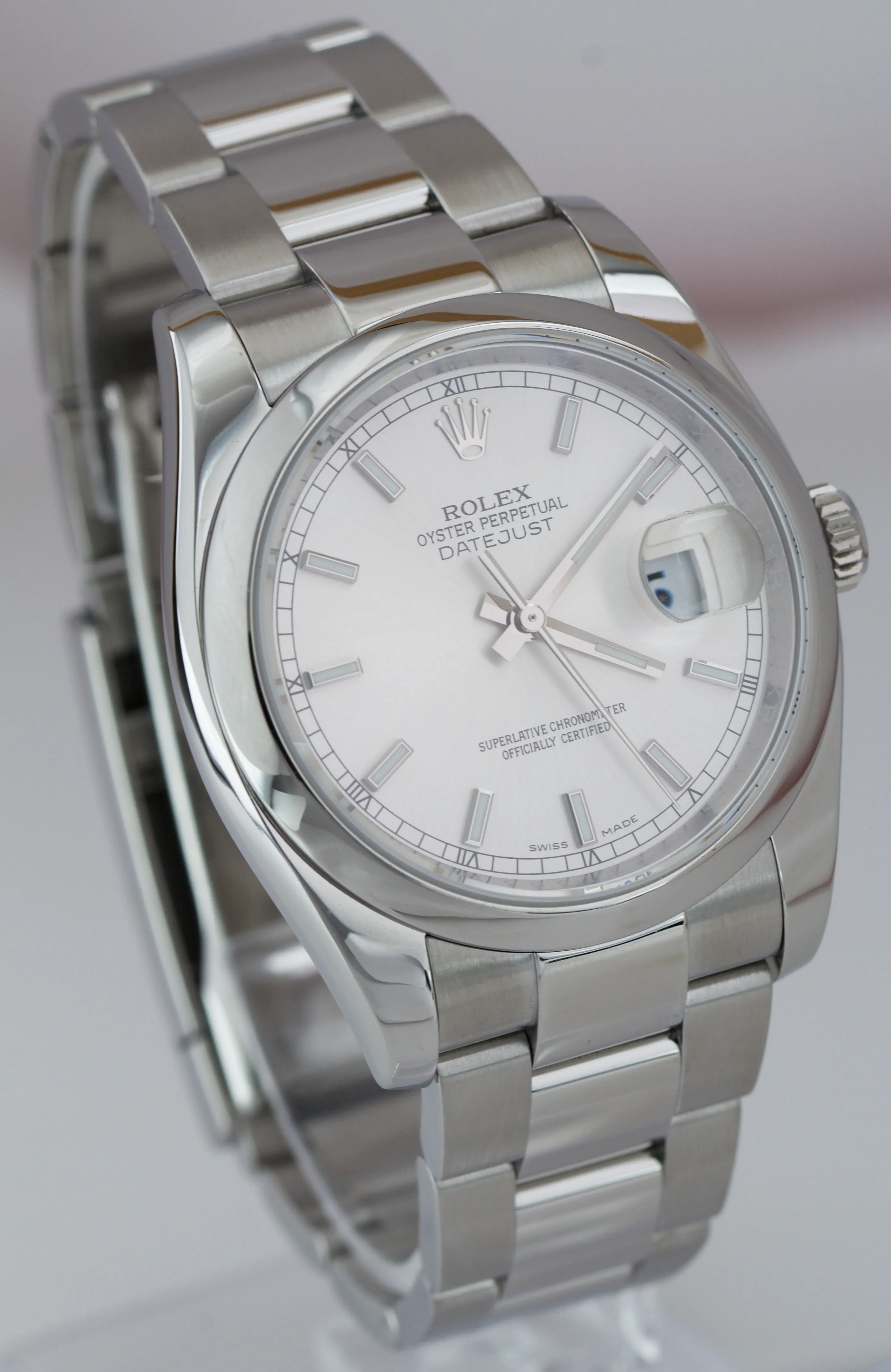 Rolex DateJust Rhodium Silver Stick 36mm Stainless Steel Oyster Watch 116200 B P