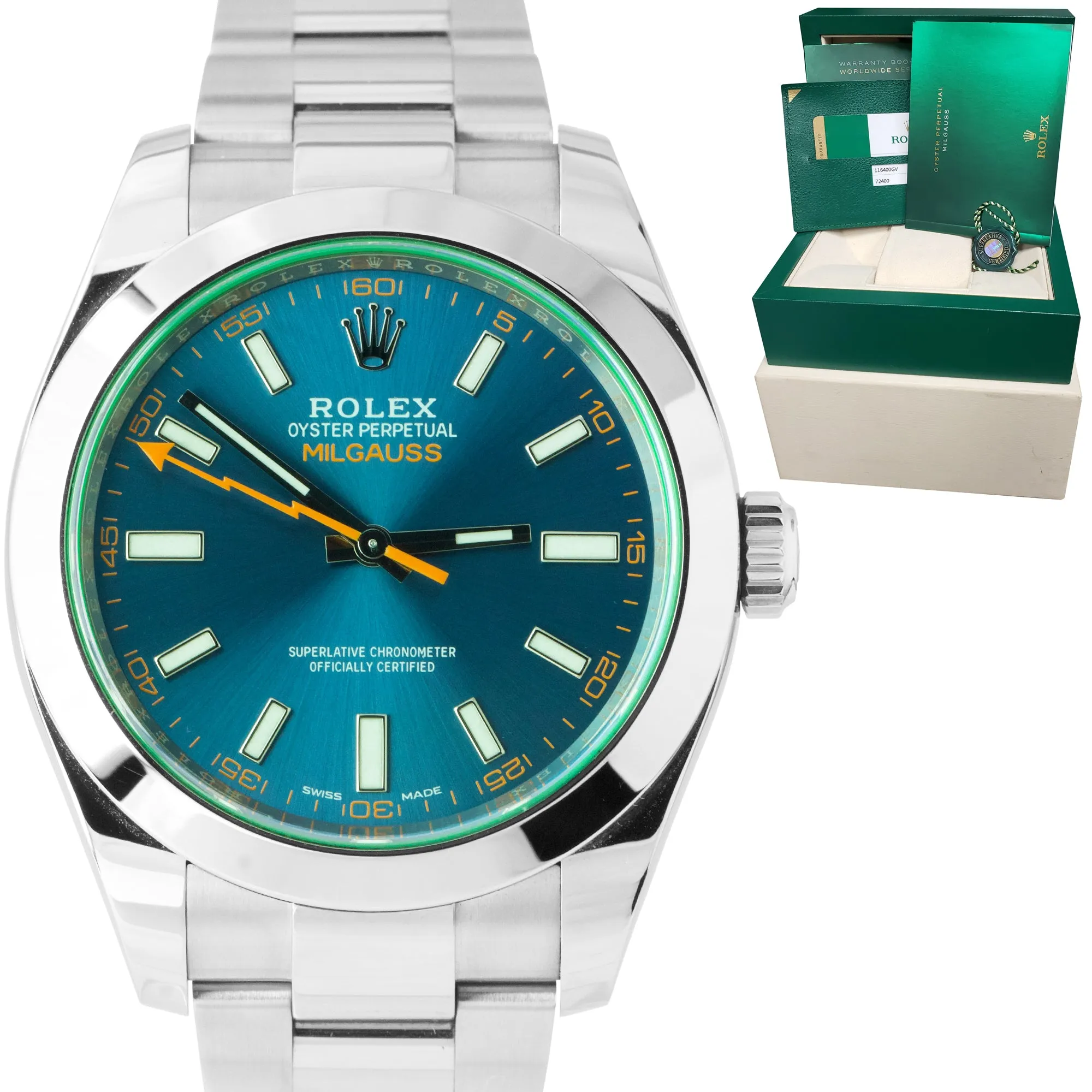 Rolex Milgauss Z-Blue Green 40mm 116400 GV 40mm Stainless Steel Watch B P