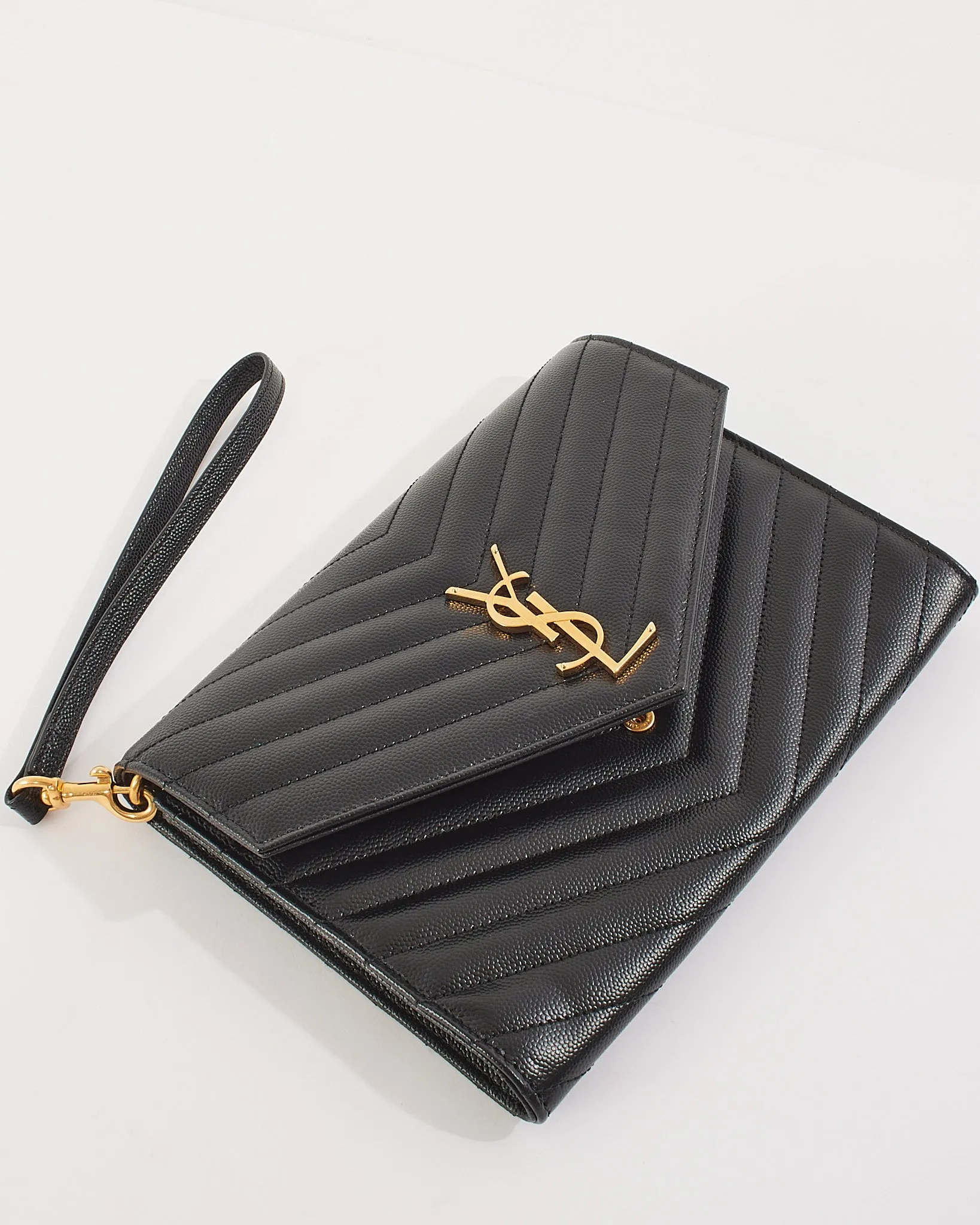 Saint Laurent Black Quilted Grain De Poudre Leather Cassandre Matalassé Wristlet Pouch
