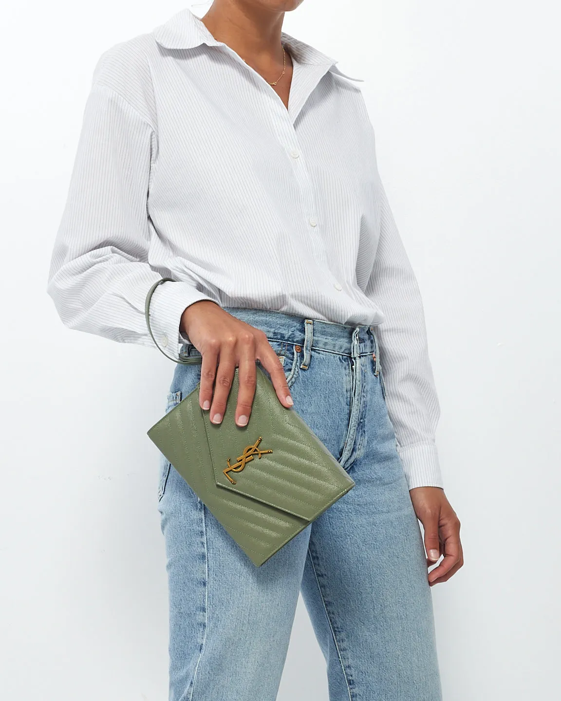 Saint Laurent Sage Green Grained Leather Matlassé Cassandra Clutch