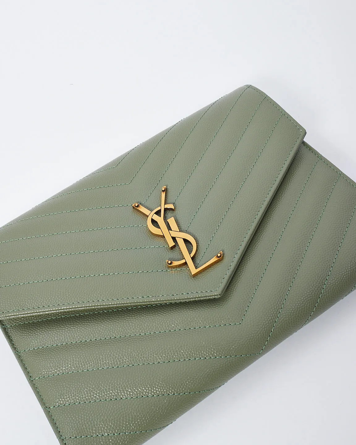Saint Laurent Sage Green Grained Leather Matlassé Cassandra Clutch